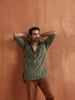Thumbnail for trueBrowns Men's Olive Green Cotton Dobby Short Kurta