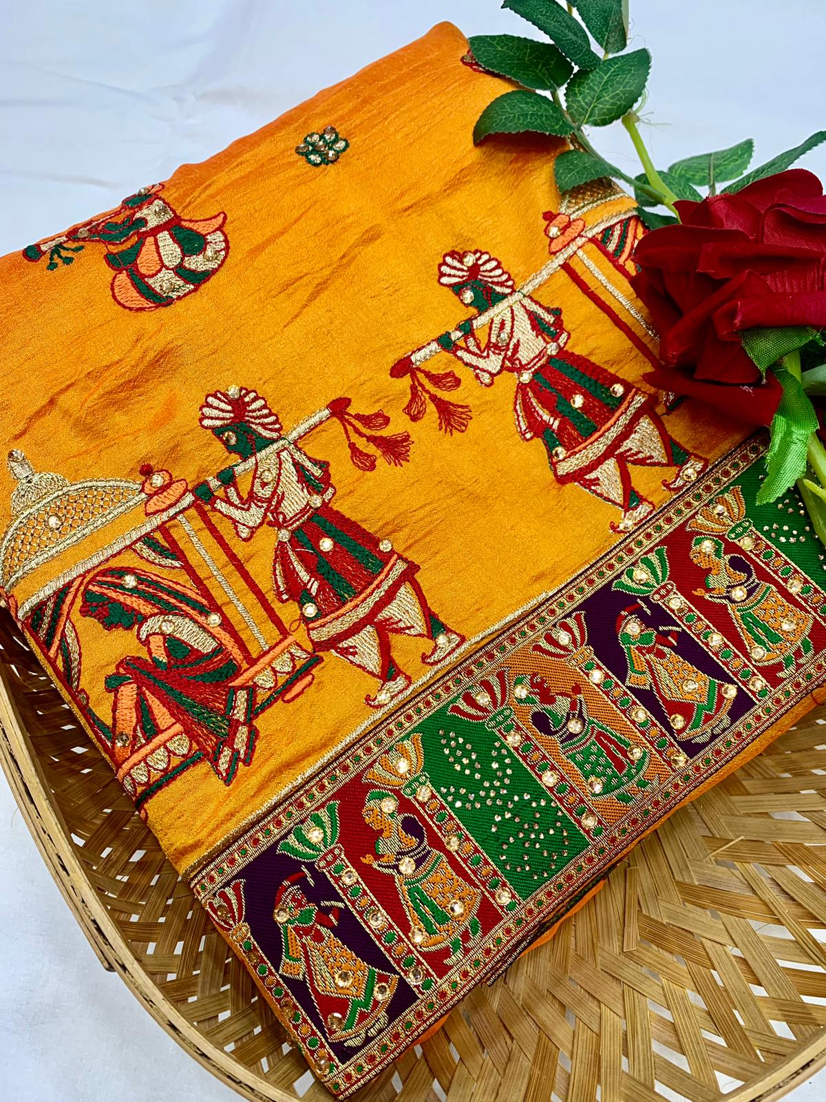 Lorenvalley Fashion Premium Yellow Vichitra Silk Embroidery and Diamond work Both Side Saree - Distacart