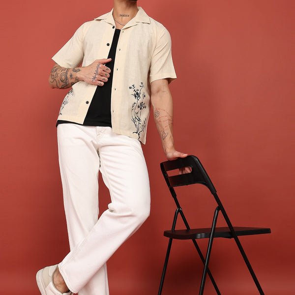Fabmade Beige Bloom Embroidered Resort Shirt - Distacart