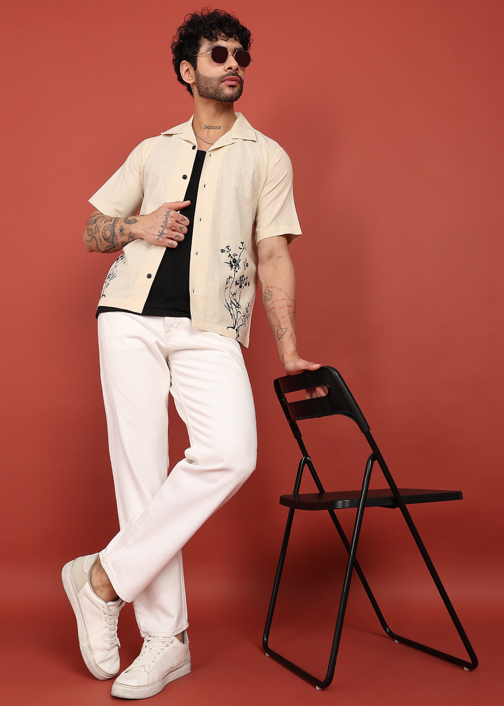 Fabmade Beige Bloom Embroidered Resort Shirt - Distacart