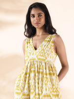 Thumbnail for trueBrowns Lime Cotton Ikat Sleeveless Flared Dress - Distacart