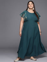 Thumbnail for Ahalyaa Plus Size Floral Print Crepe Flared Sleeves A-line Maxi Ethnic Dress - Distacart