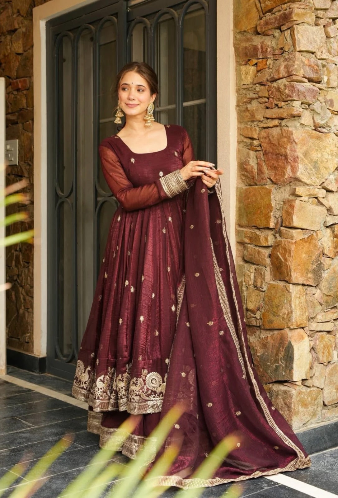 Anaita Chocolate Silk Anarkali Readymade Suit with Embroidery & Sequence Work - Dista