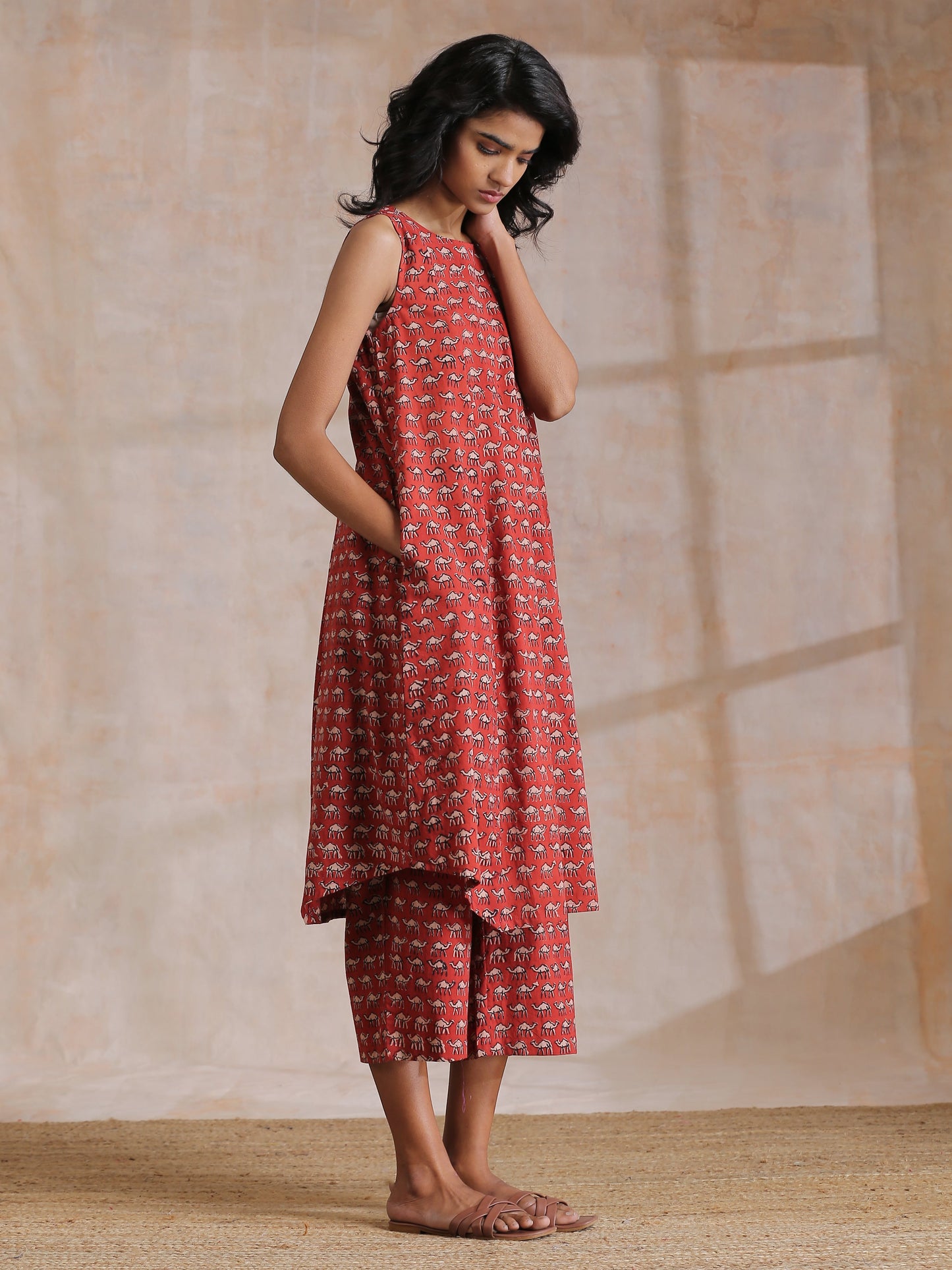 trueBrowns Rust Red Bagru Camel Print Cotton High-Low Co-Ord Set - Distacart