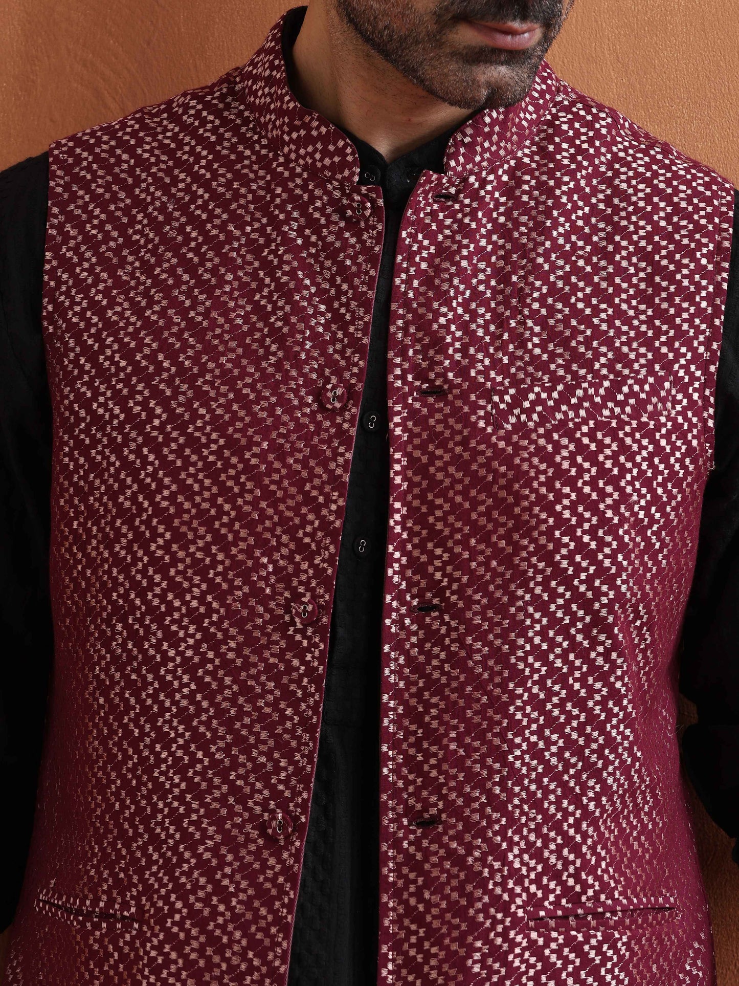 trueBrowns Men's Dark Purple Cotton Dobby Nehru Jacket - Distacart