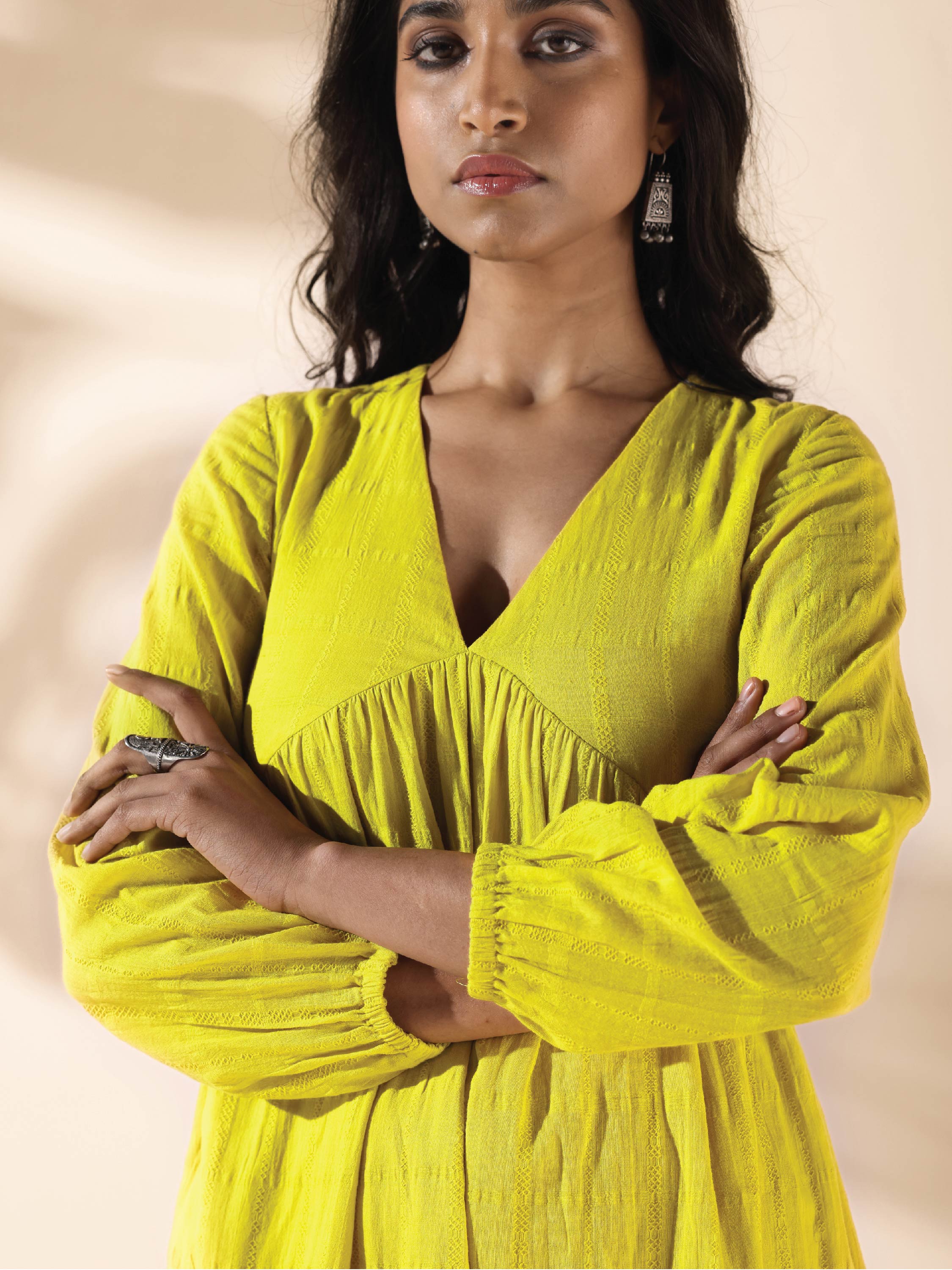 trueBrowns Lime Cotton Dobby Flared Dress - Distacart