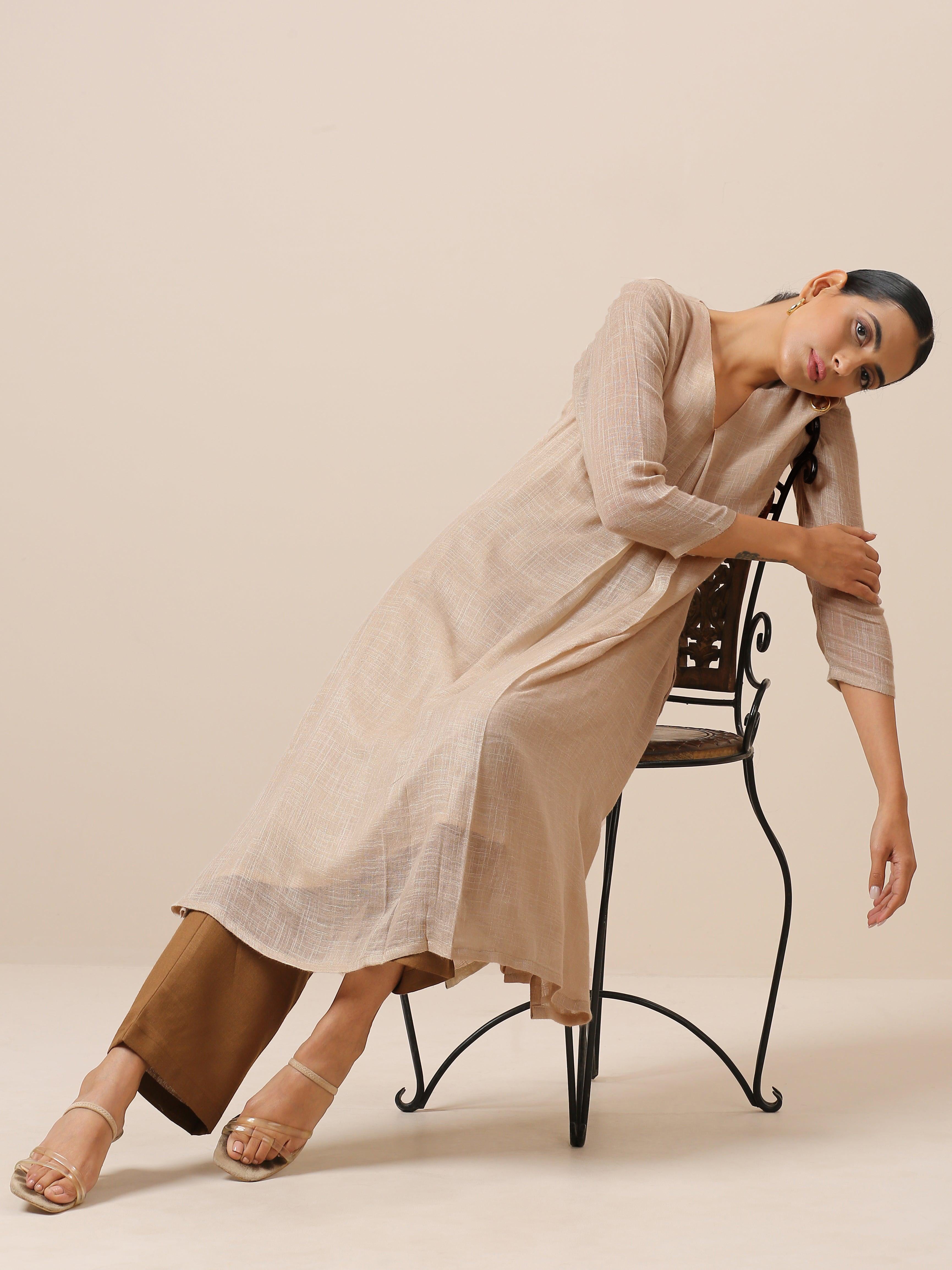 trueBrowns Linen Beige Textured Slit Kurta Pant Set - Distacart
