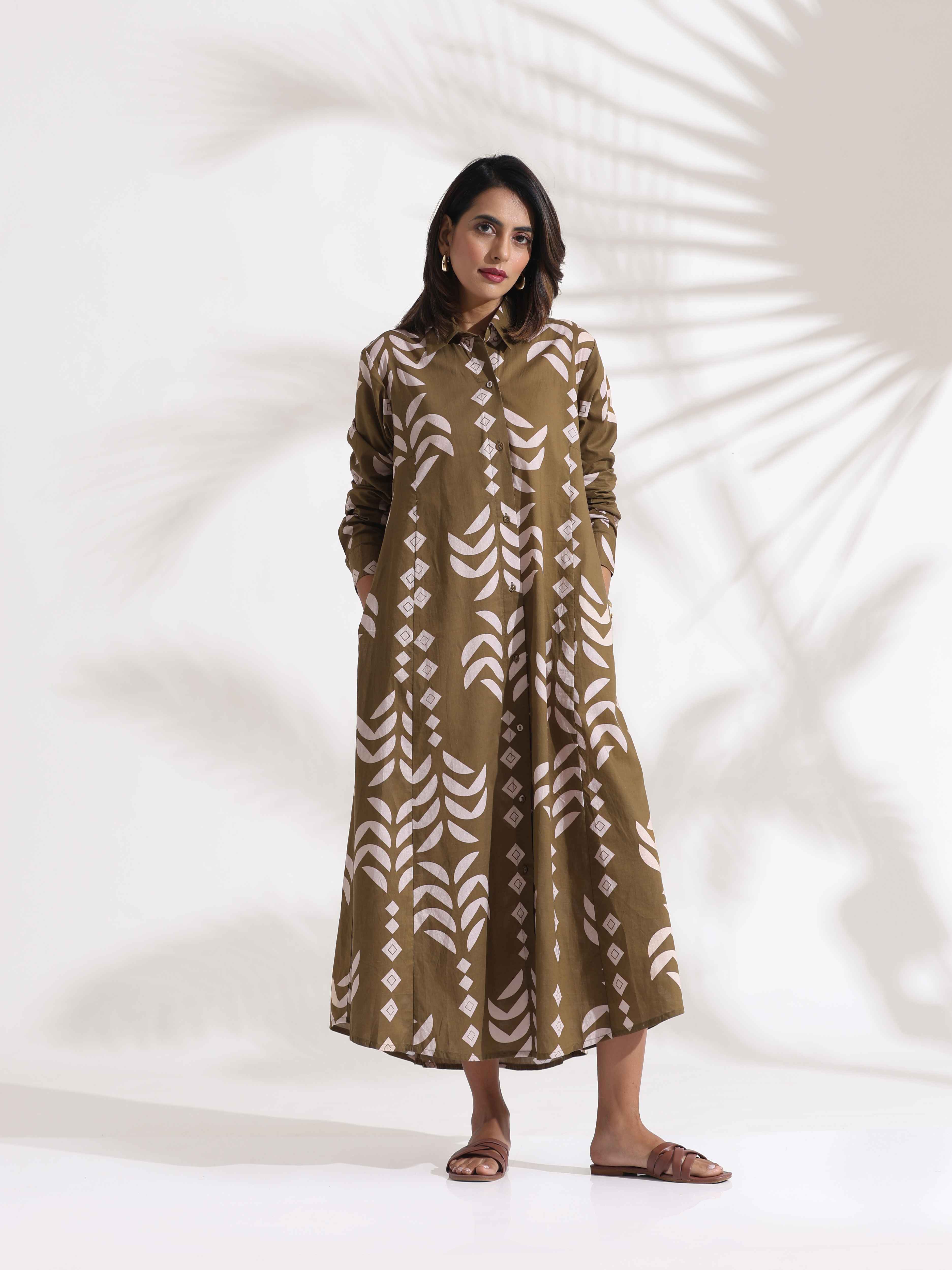 trueBrowns Olive Green Cotton Print Shirt Dress