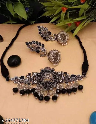 Tehzeeb Creations Women's Oxidised Necklace And Earring With Black Beads And Pearl - Distacart