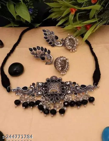 Tehzeeb Creations Women's Oxidised Necklace And Earring With Black Beads And Pearl - Distacart