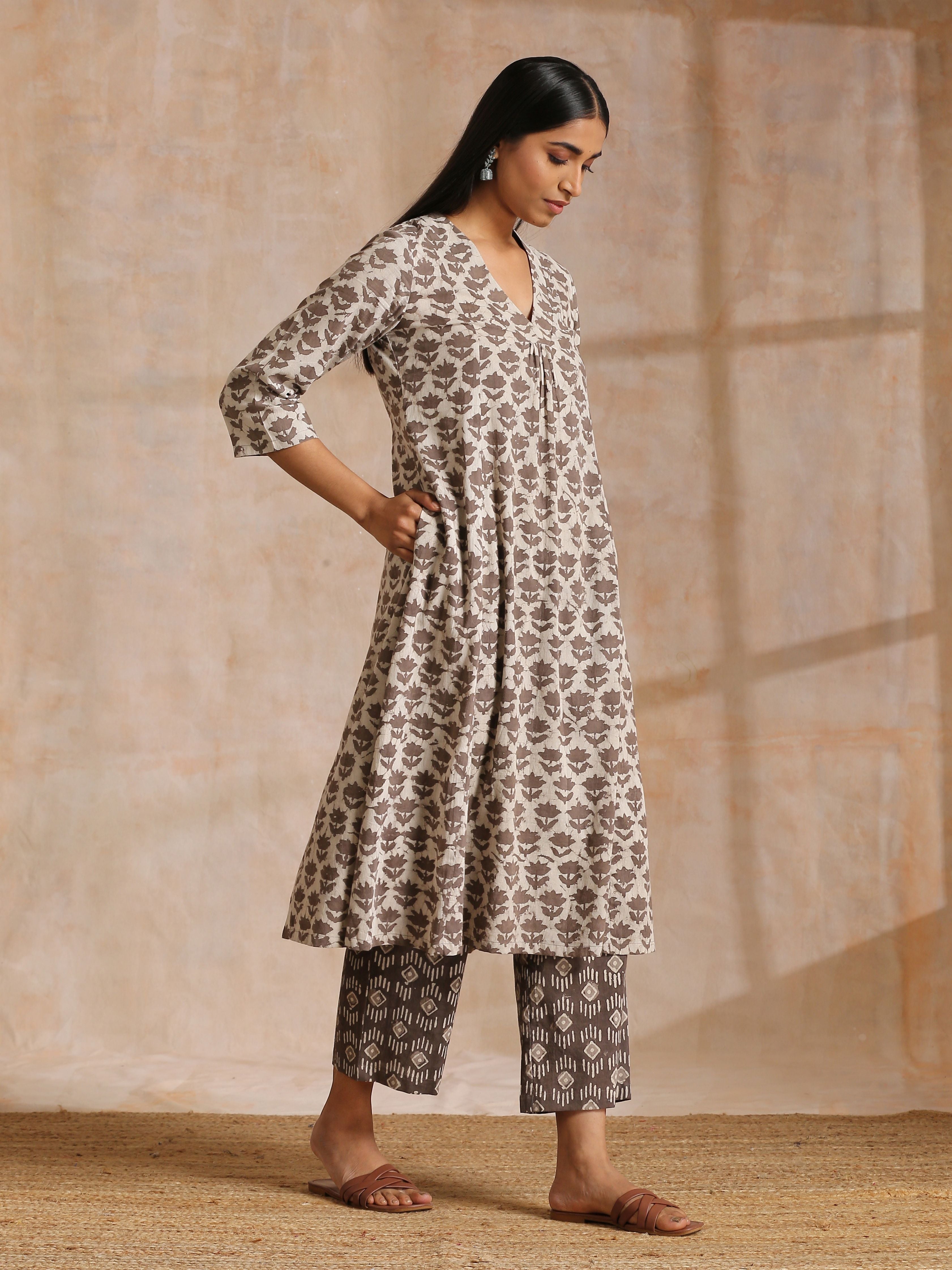 trueBrowns Clay Dabu Buta Print Cotton Front Neck Gathered Kurta Pant Set - Distacart