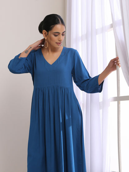 trueBrowns Classic Blue Dobby High Slit Gathered Kurta Set - Distacart