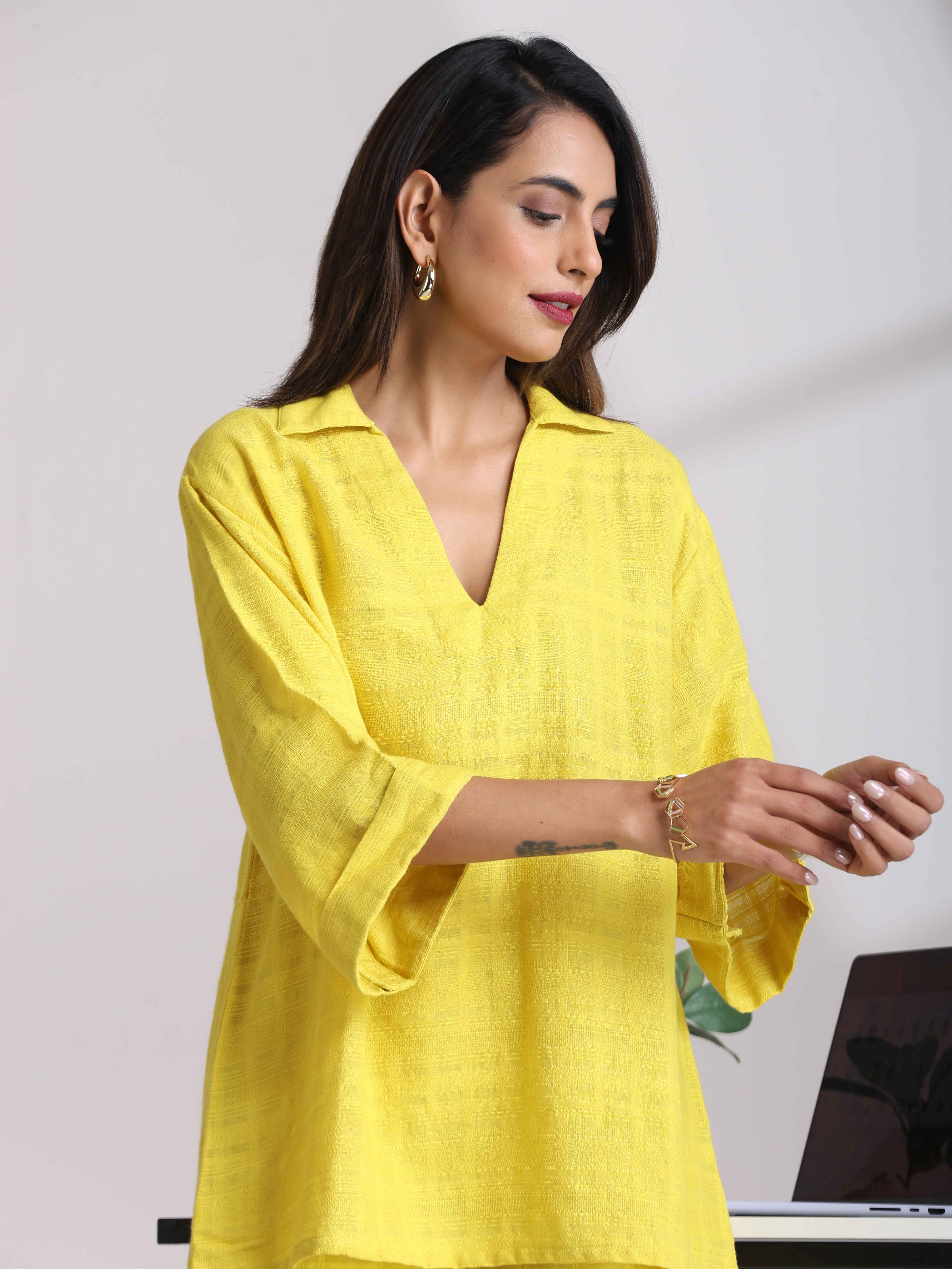 trueBrowns Lime Cotton Dobby V-Neck Co-ord Set