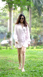 Thumbnail for Noroke Linen Lilac Gold Wrap Shirt Dress - Distacart