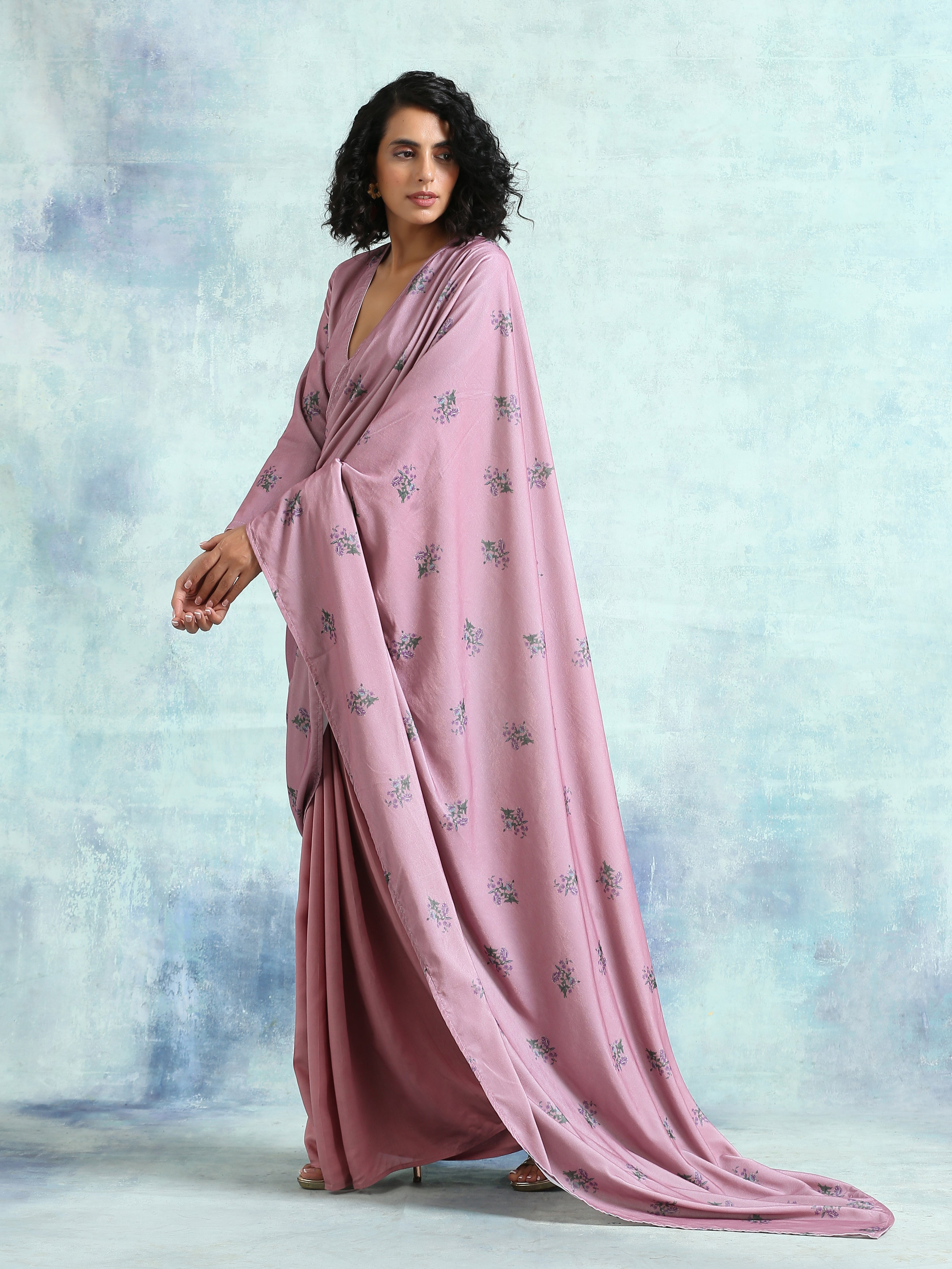 trueBrowns Light Mauve Printed Velvet Ready to Wear Saree - Distacart