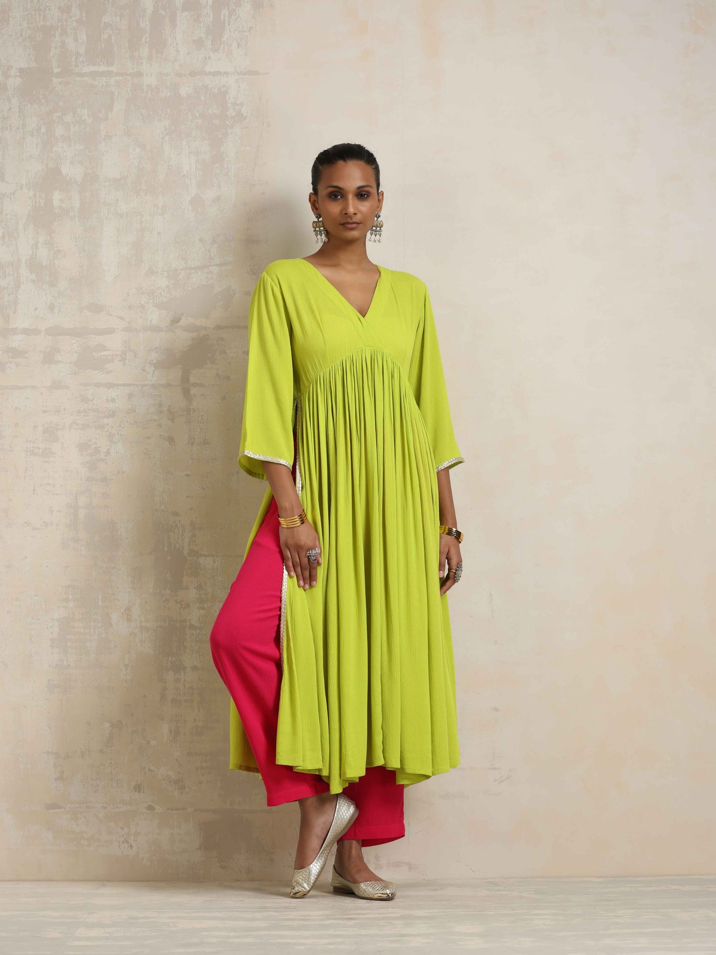 trueBrowns Lime Crinkle Anarkali Flared Kurta Set - Distacart