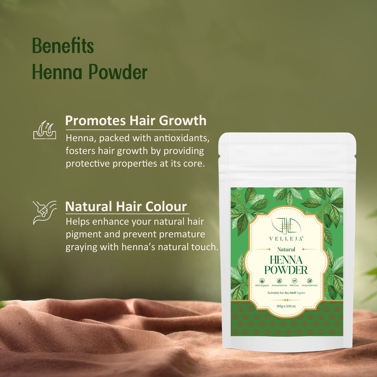 Velleja Herbal Henna Powder for Natural Hair Colour | Enriched with Amla, Bhringraj & Shikakai - Dista