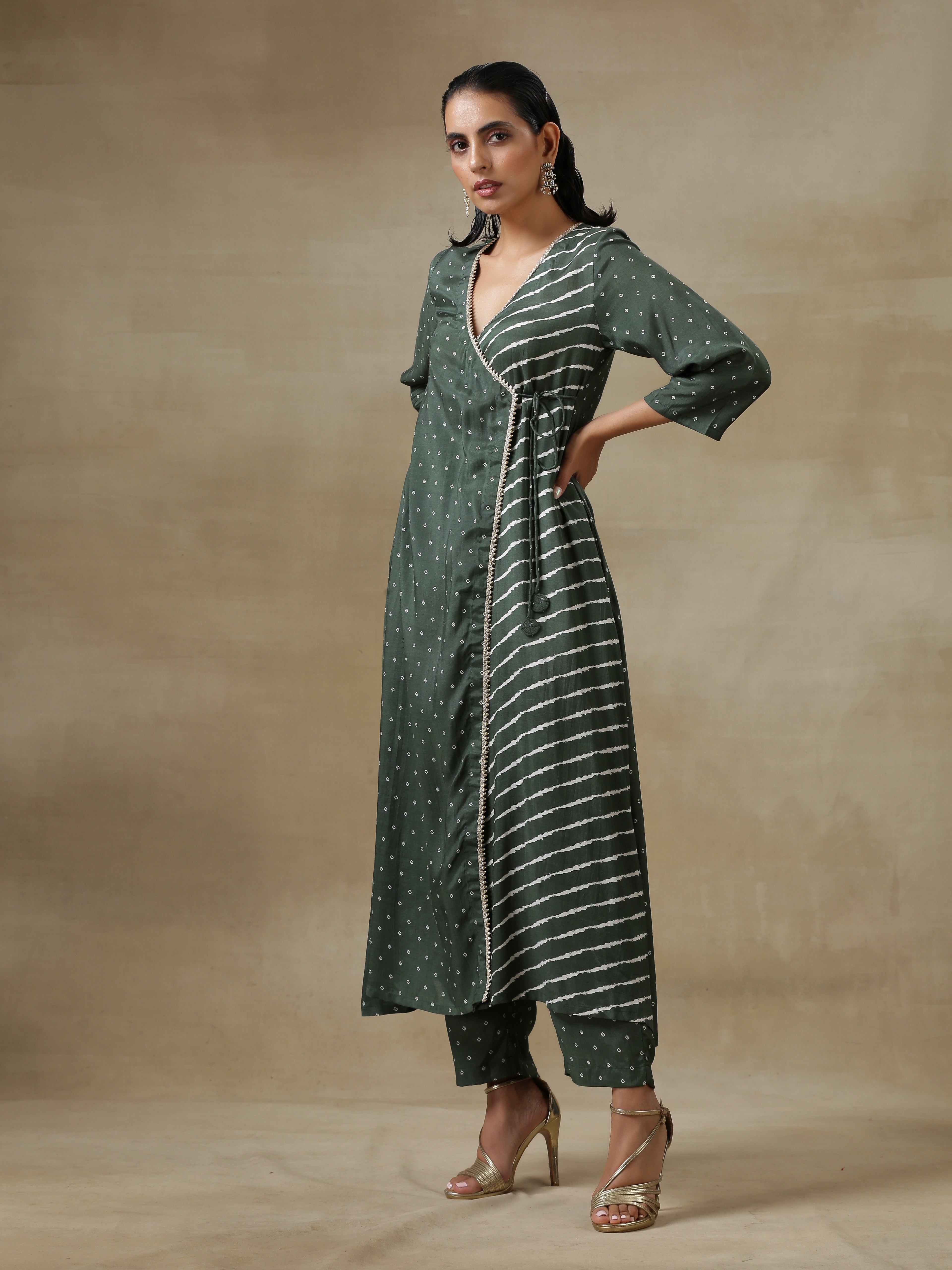 trueBrowns Dark Green Bandhani Printed Silk Angrakha Kurta Pant Set - Distacart