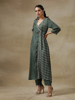 Thumbnail for trueBrowns Dark Green Bandhani Printed Silk Angrakha Kurta Pant Set - Distacart