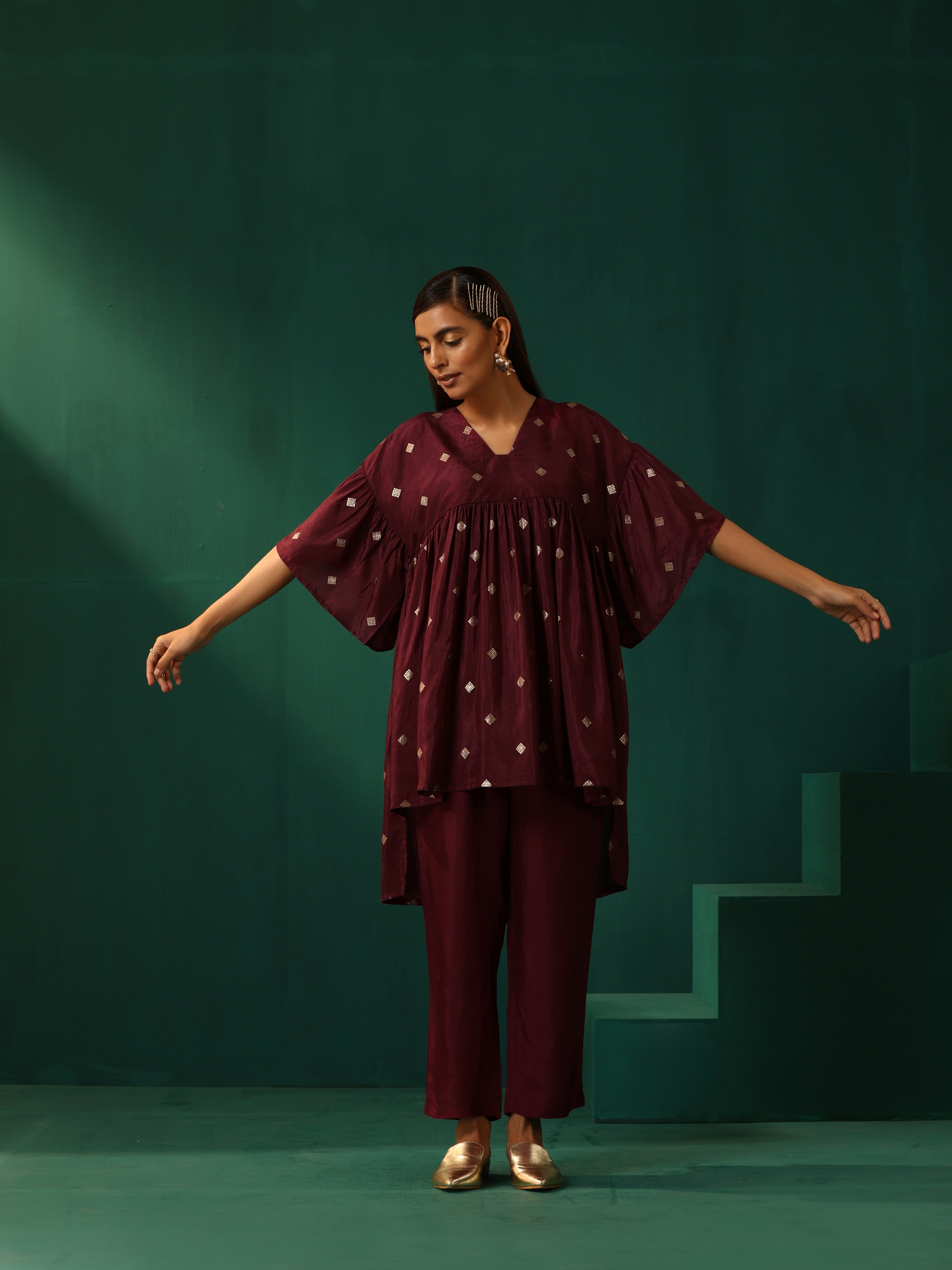 trueBrowns Wine Diamond Viscose Silk Waist Sleeve Gathered Co-ord Set - Distacart