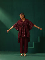 Thumbnail for trueBrowns Wine Diamond Viscose Silk Waist Sleeve Gathered Co-ord Set - Distacart