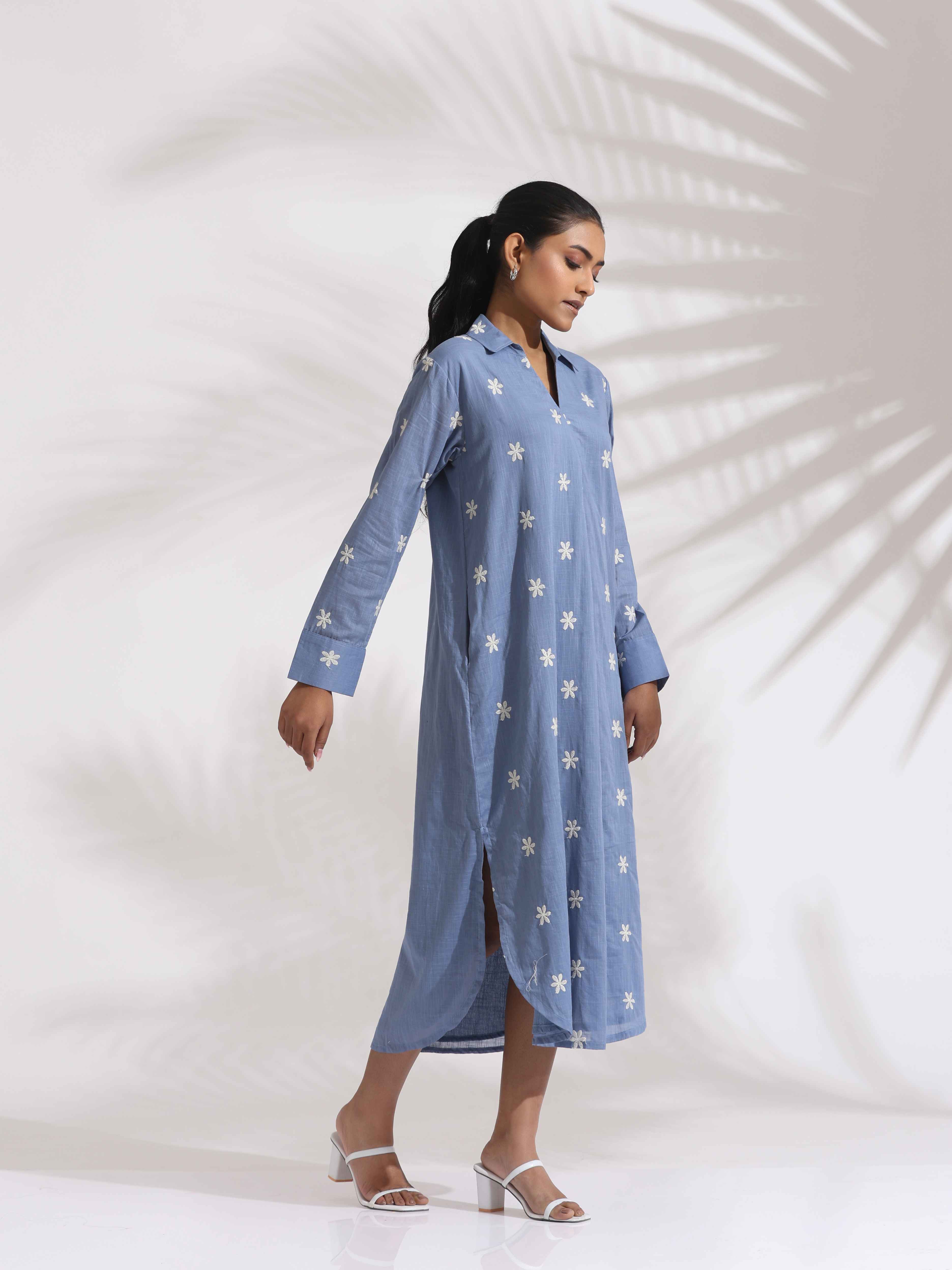 trueBrowns Blue Cotton Floral Embroidered Dress - Distacart