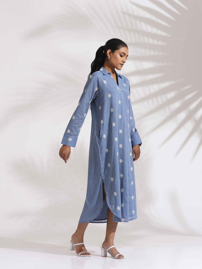 trueBrowns Blue Cotton Floral Embroidered Dress - Distacart