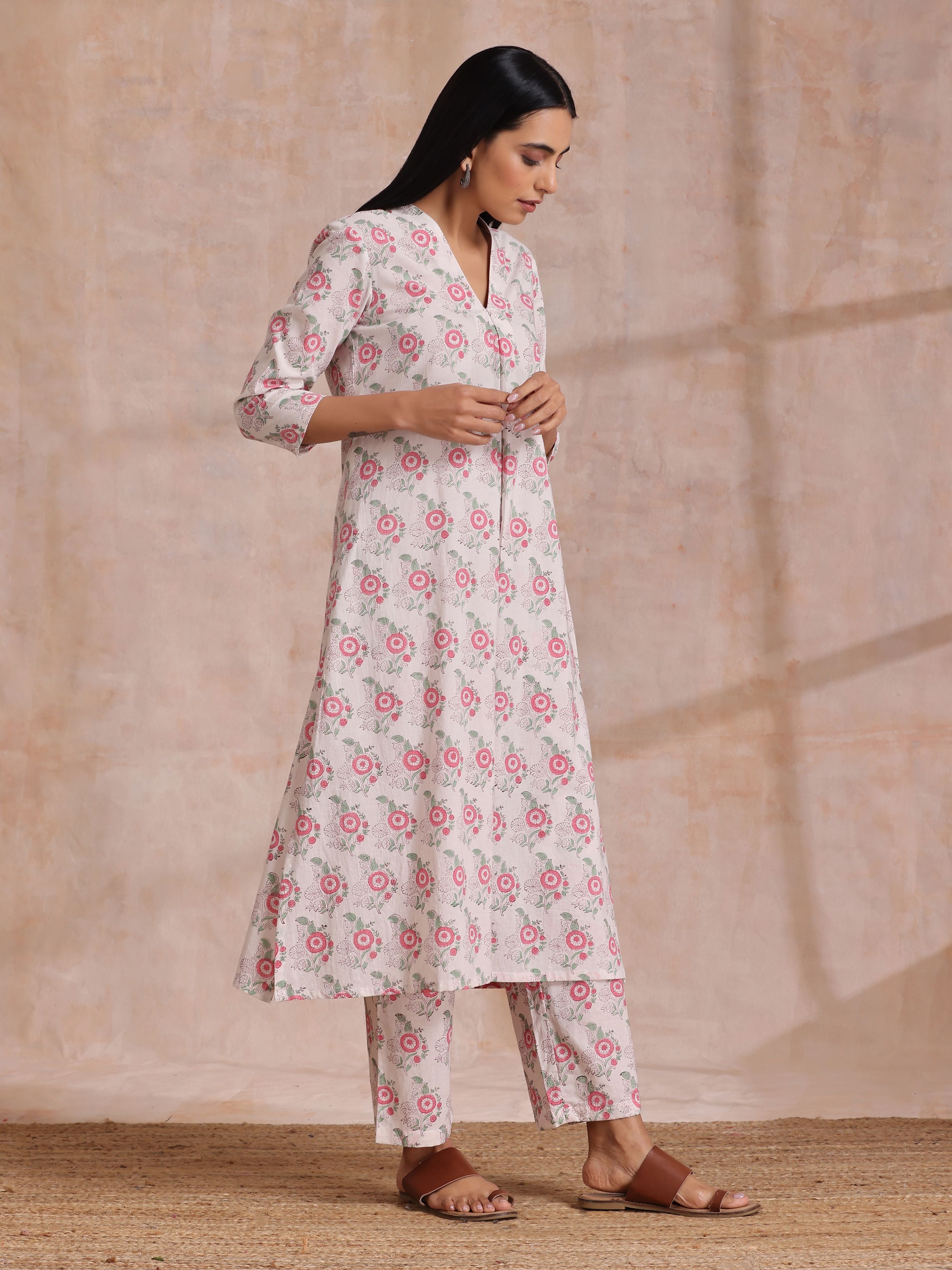 trueBrowns Pink Green Buta On White Block Print Cotton Slit Kurta Pant Set - Distacart