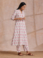 Thumbnail for trueBrowns Pink Green Buta On White Block Print Cotton Slit Kurta Pant Set - Distacart