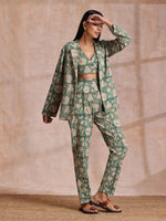 Thumbnail for trueBrowns Fern Green Overall Floral Block Print Cotton Pant Suit Set - Distacart