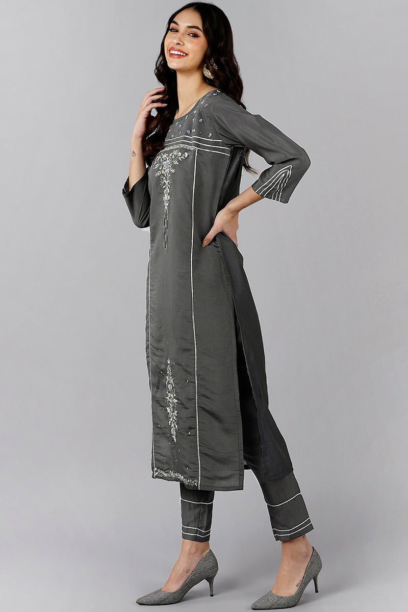 Ahika Grey Poly Silk Embroidered Straight Suit Set
