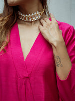 Thumbnail for trueBrowns Pink Dupion Silk Puff Sleeve Kurta Pant Set - Distacart