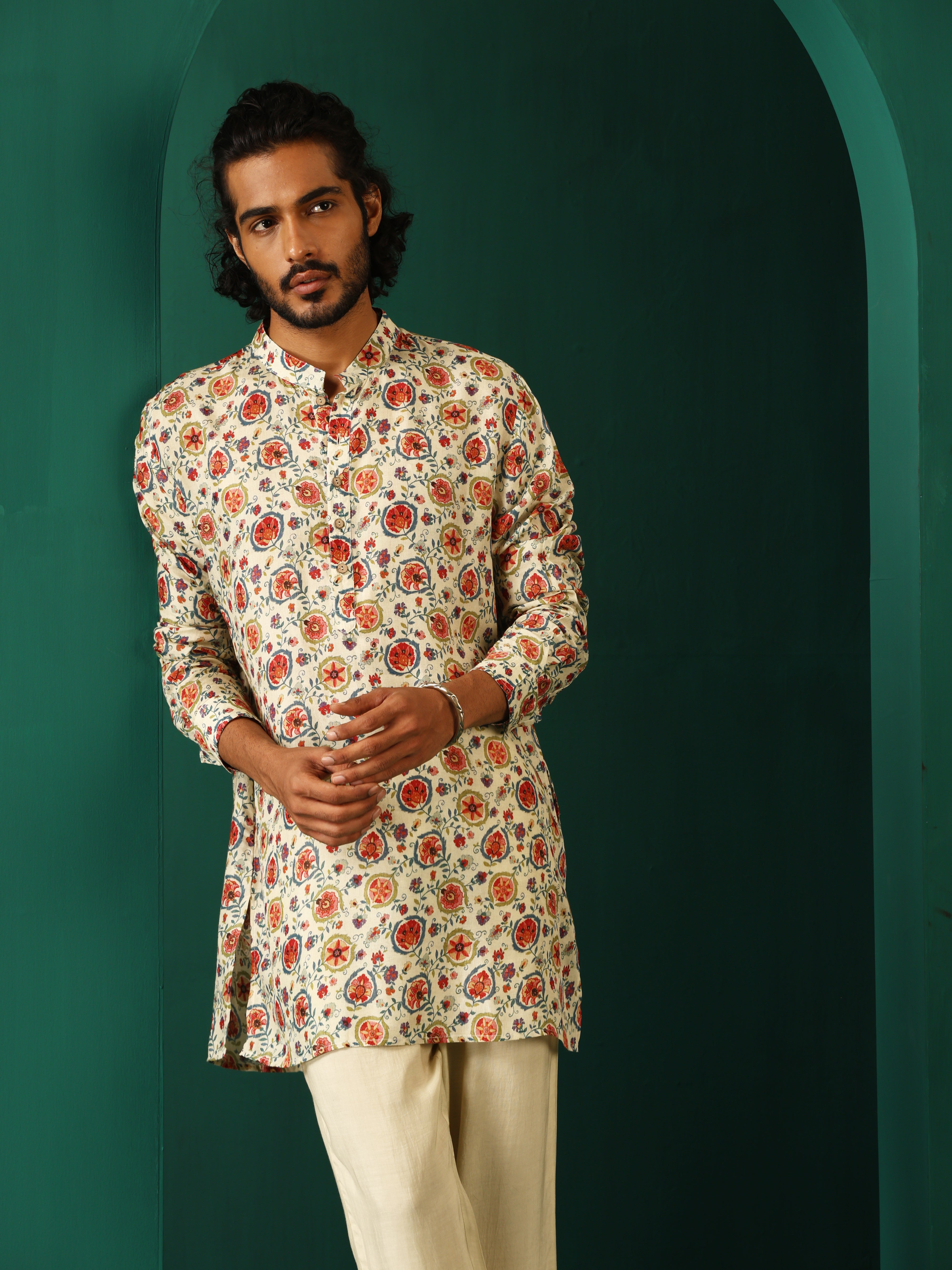 trueBrowns Men's Off White Floral Bunch Muslin Silk Printed Co-ord Set - Distacart