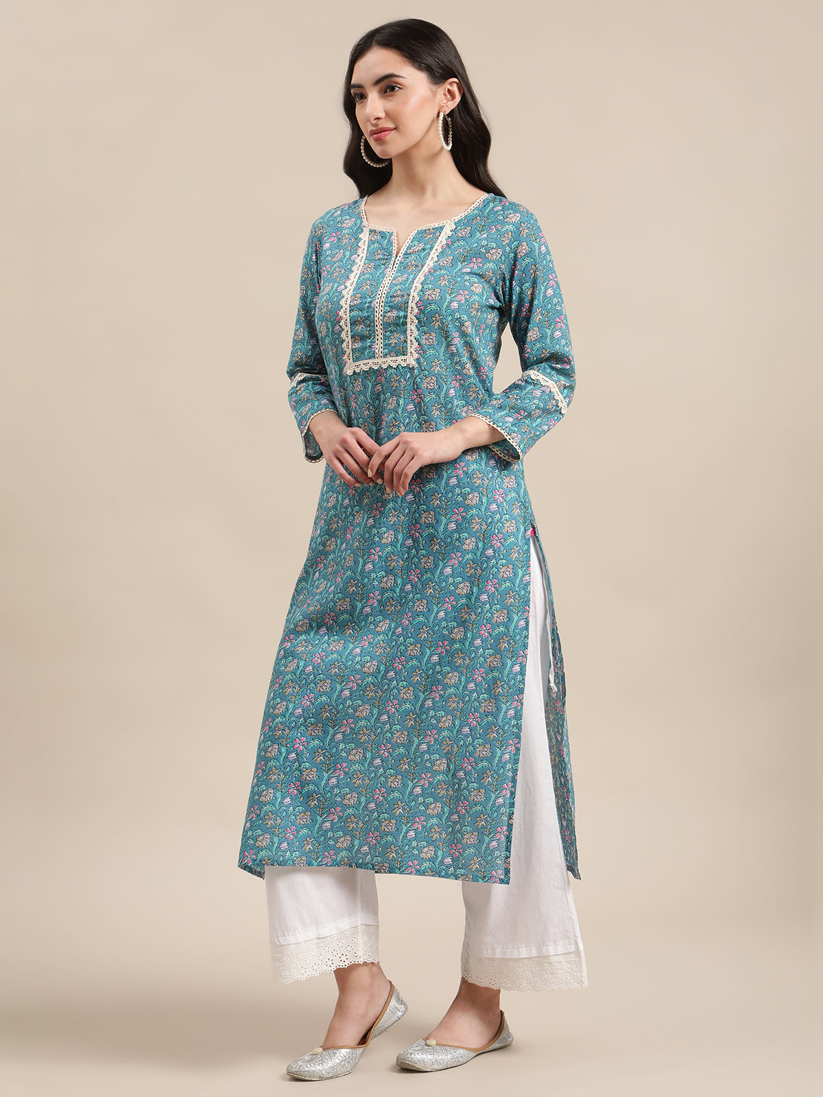 Varanga Blue Floral Printed Lace Embellished Kurta With 3/4Th Sleeves - Distacart