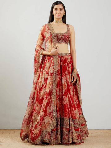 Tulsi Art Shraddha Kapoor Red Floral Printed Organza Wedding Wear Lehenga Choli - Dista
