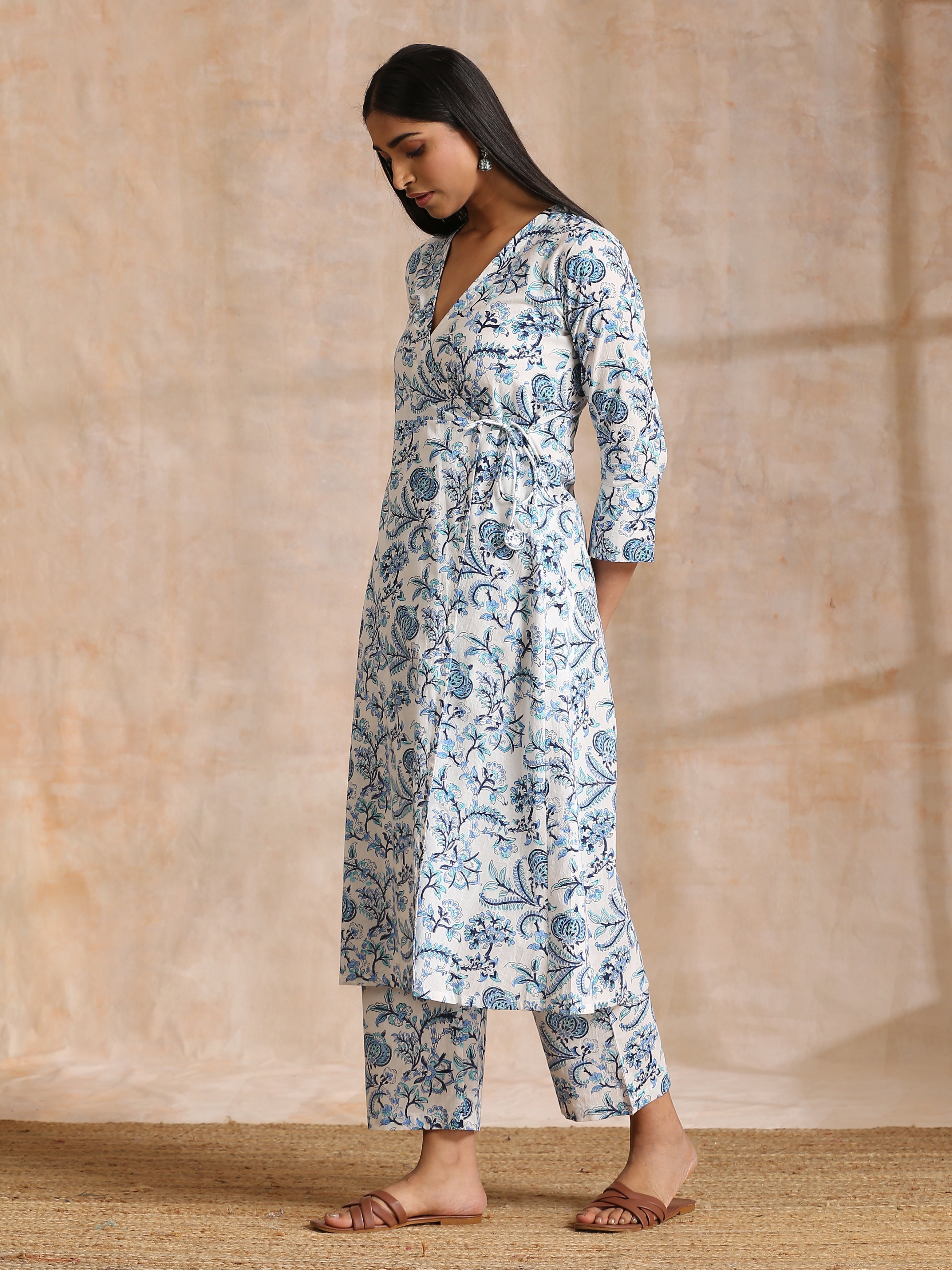 trueBrowns White With Overall Blue Print Cotton Angrakha Kurta Pant Set - Distacart