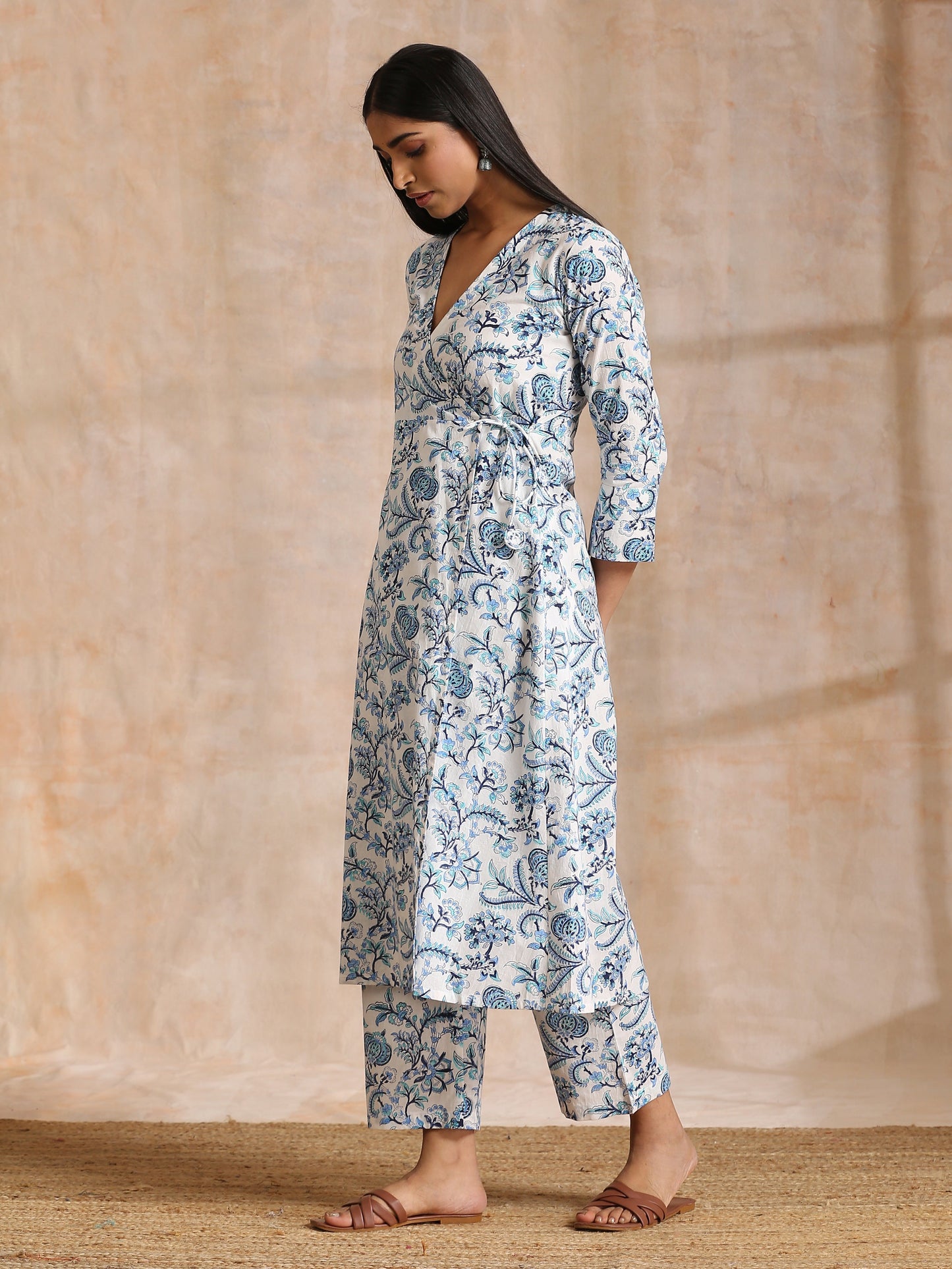 trueBrowns White With Overall Blue Print Cotton Angrakha Kurta Pant Set - Distacart