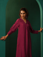 Thumbnail for trueBrowns Maroon Silk Puff Sleeve Kurta Pant Set - Distacart