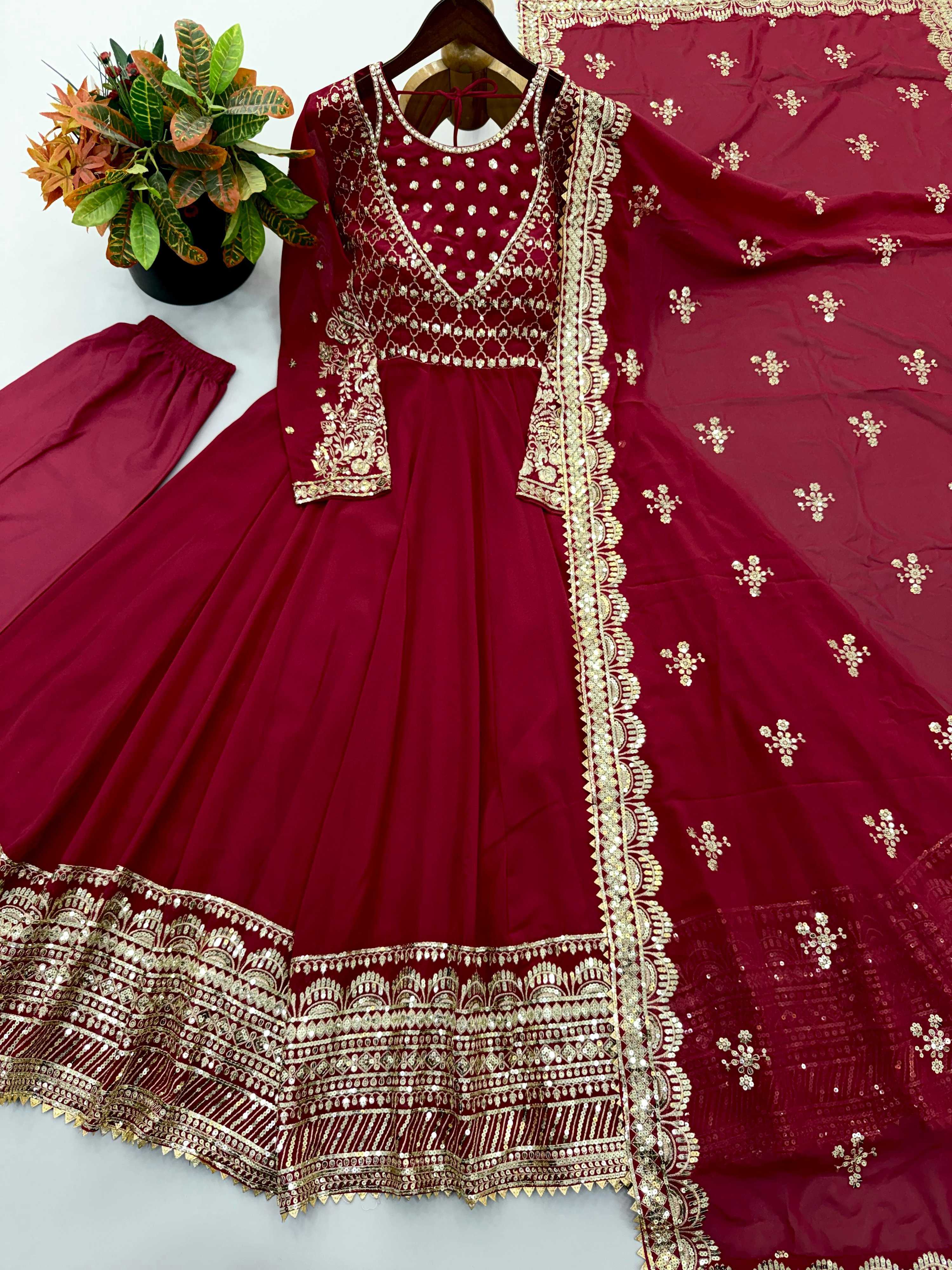 Anaita Maroon Georgette Readymade Anarkali Suit with Embroidery & Sequence Work - Dista