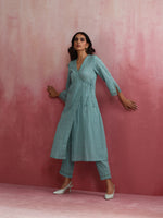 Thumbnail for trueBrowns Aqua Blue Cotton Dobby Angrakha Kurta Set - Distacart