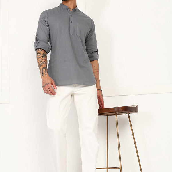 Fabmade Ash Grey Linen Short Kurta - Distacart