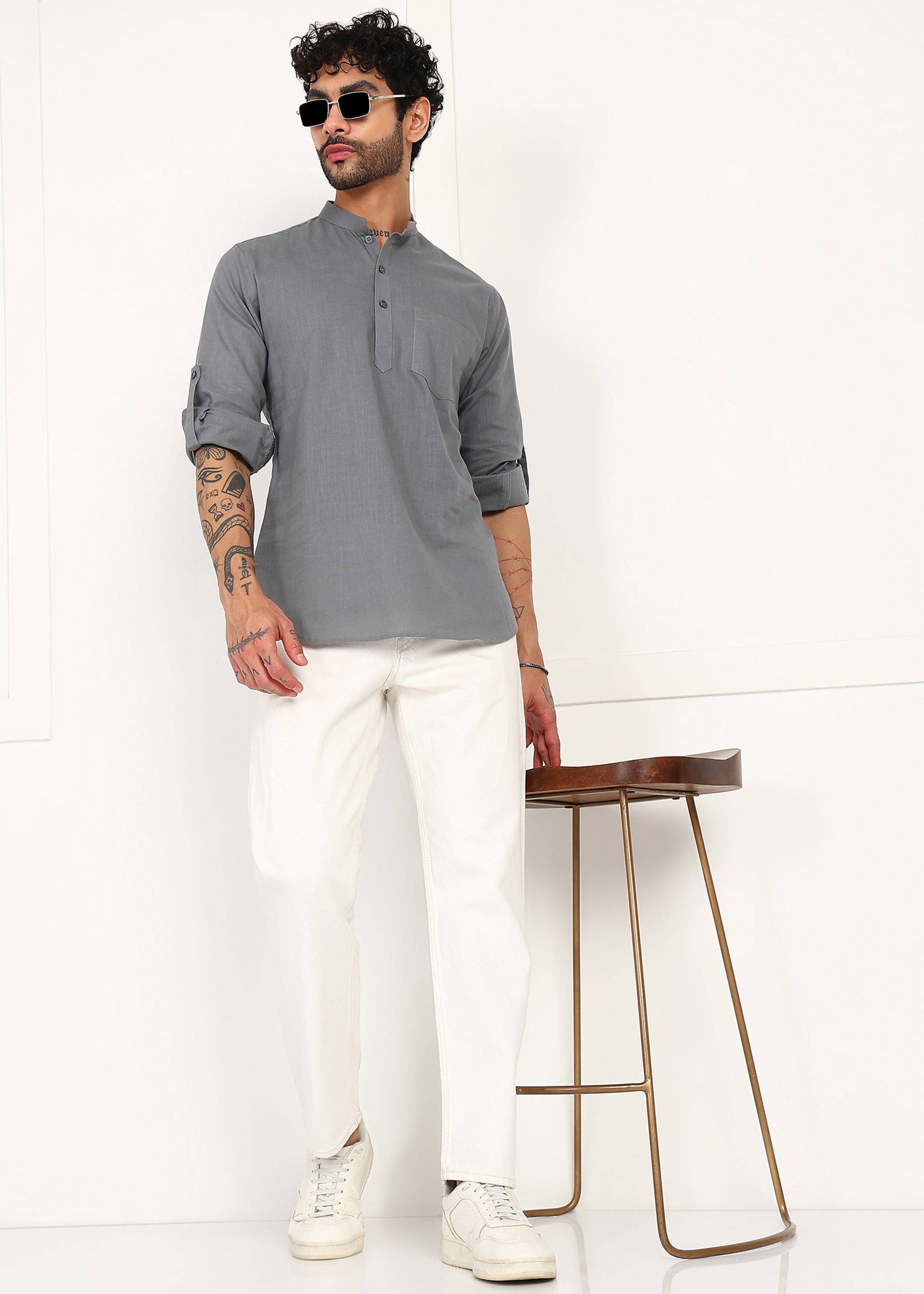 Fabmade Ash Grey Linen Short Kurta - Distacart