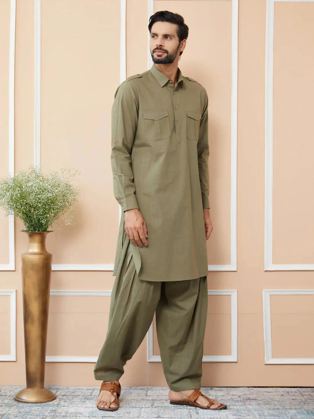 Fabmade Olive Cotton Linen Pathani Kurta With Salwar