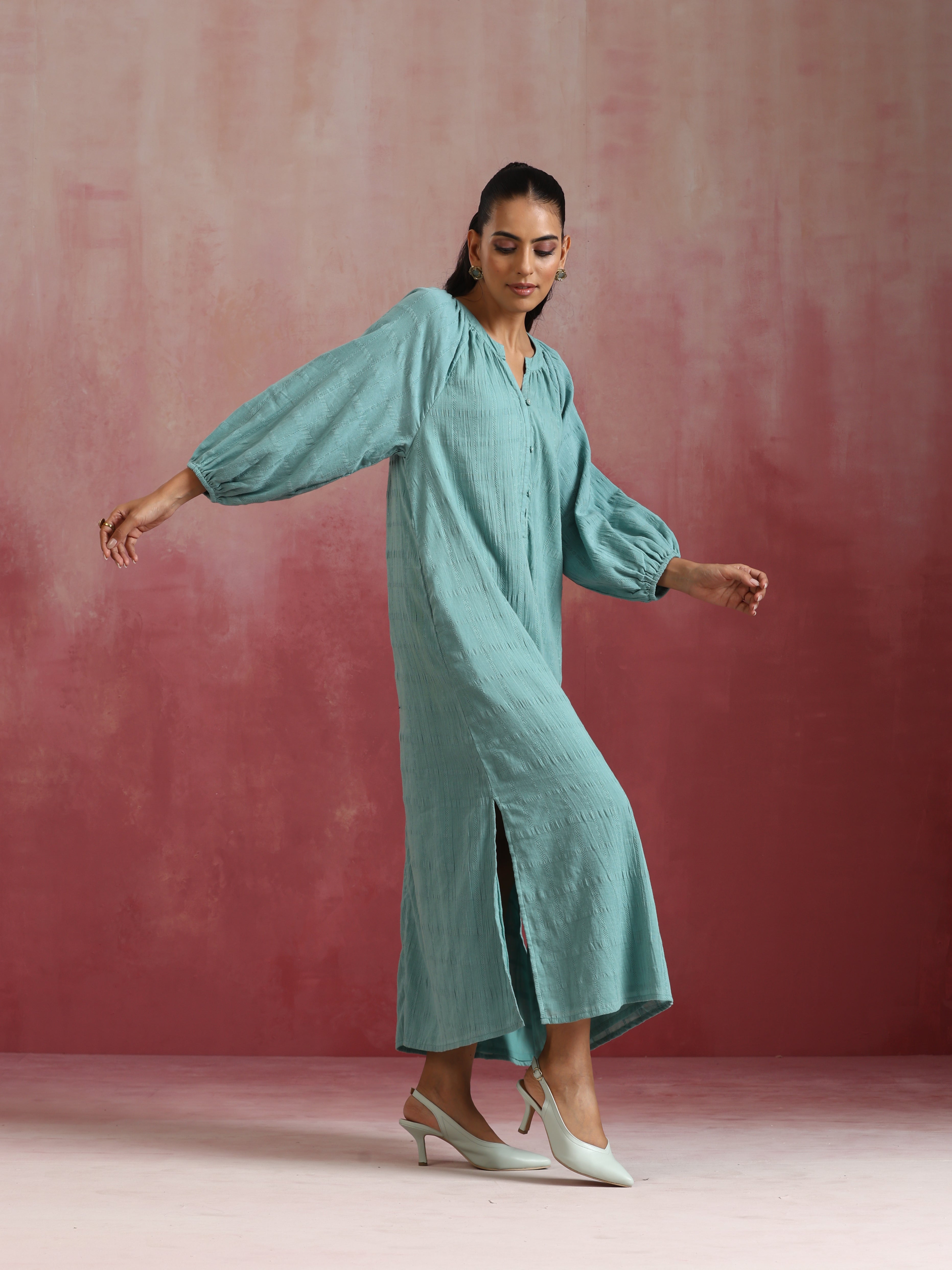 trueBrowns Aqua Blue Cotton Dobby Dress - Distacart