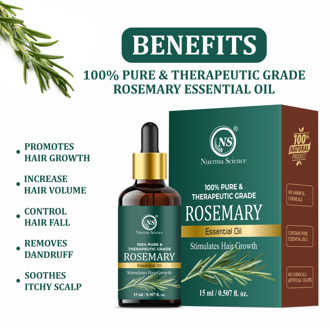 Nuerma Science Rosemary Essential Oil | For Natural Skin Glow & Hair Growth