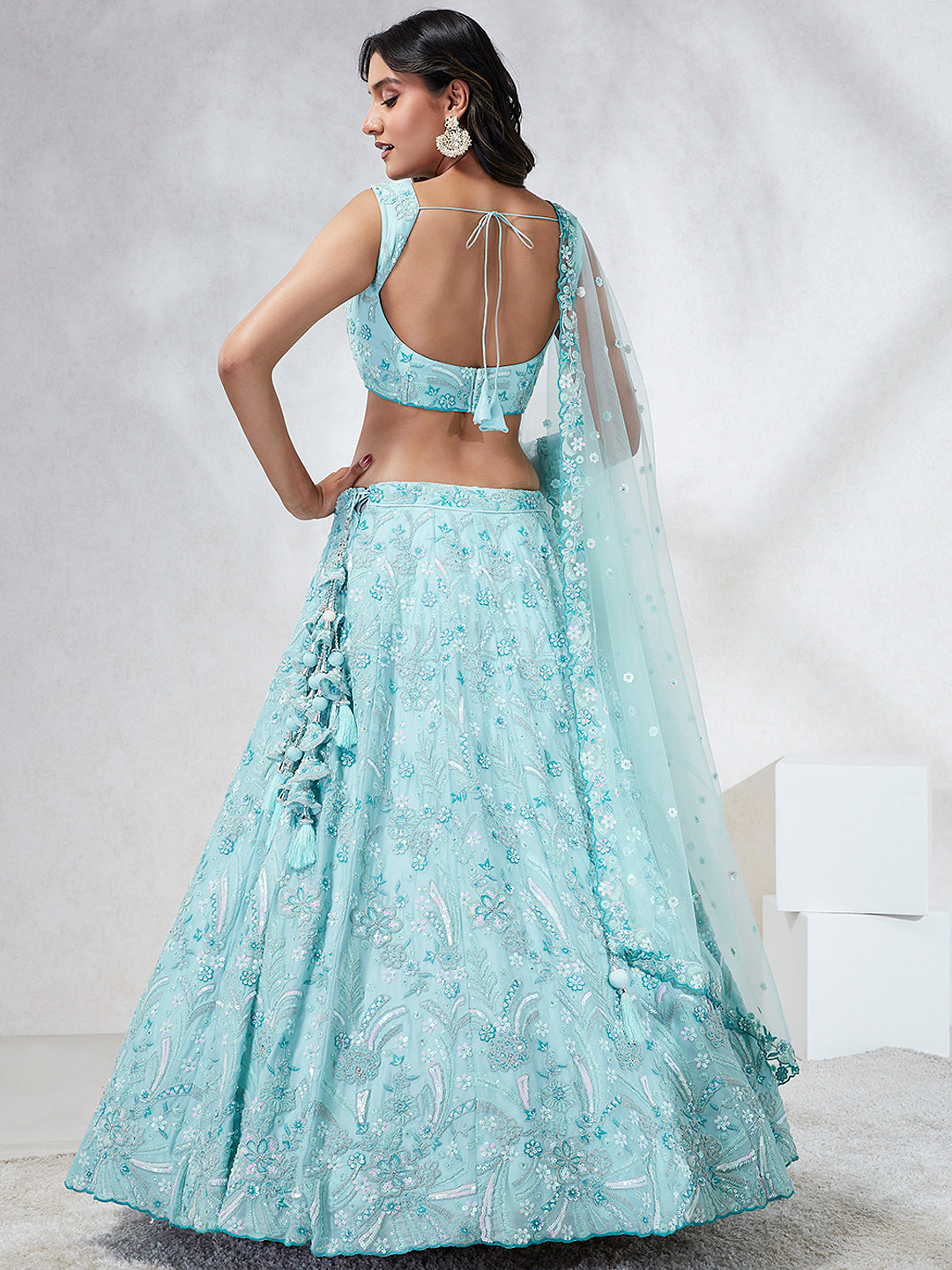 House of Panchhi Turquoise Blue Georgette Sequins And Thread Embroidery Lehenga Choli & Dupatta - Distacart