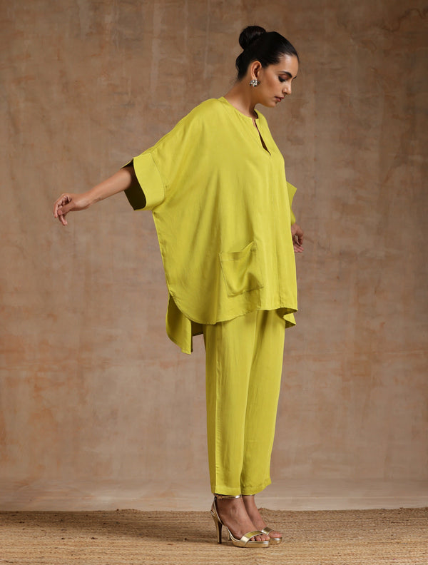 trueBrowns Lime Modal Satin Boxy Fit High-Low Co-Ord Set - Distacart