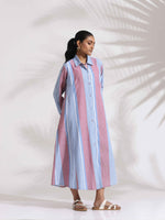 Thumbnail for trueBrowns Blue Cotton Stripe Flared Shirt Dress
