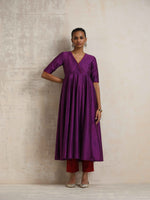 Thumbnail for trueBrowns Purple Silk Anarkali Kurta Pant Dupatta Set - Distacart