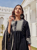 Thumbnail for BulBul Abhilasha Cotton Black Kurta Set with Dupatta